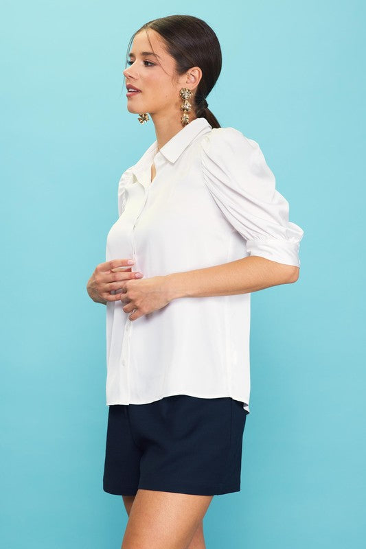 Simply Sweet Shirred-Sleeve Blouse, White