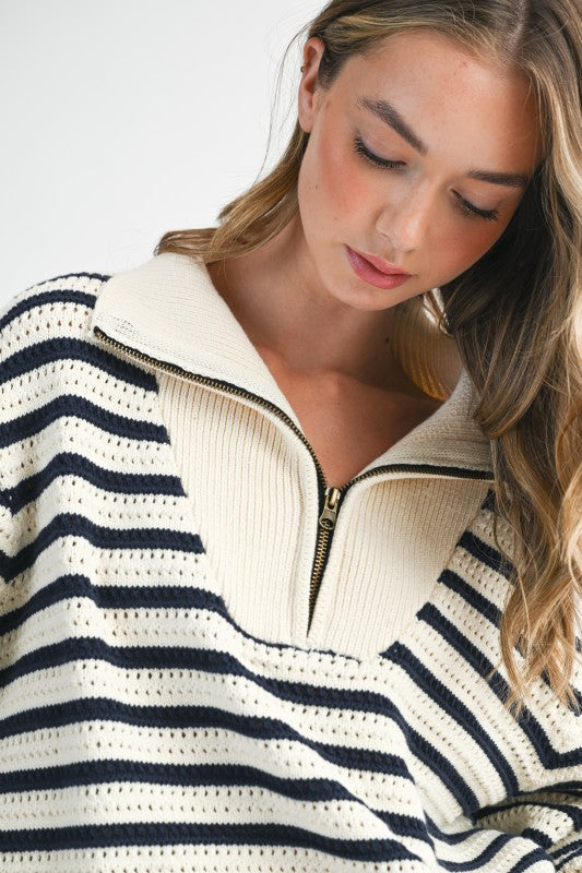Ella Half-Zip Stripe Sweater, Oat