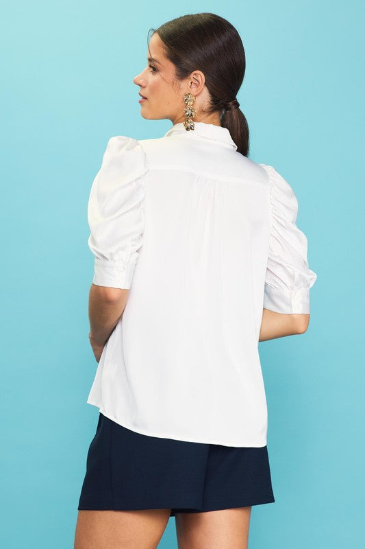 Simply Sweet Shirred-Sleeve Blouse, White