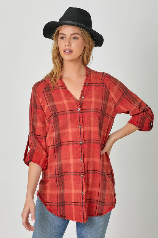 Hailey Frayed Plaid Top, Washed Pumpkin