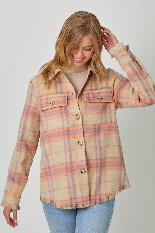 Shawna Plaid Shacket, Almond Mix