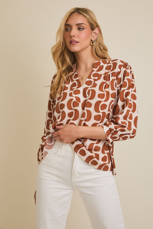 Cinnamon Swirl Geo Print Top, Cream & Rust