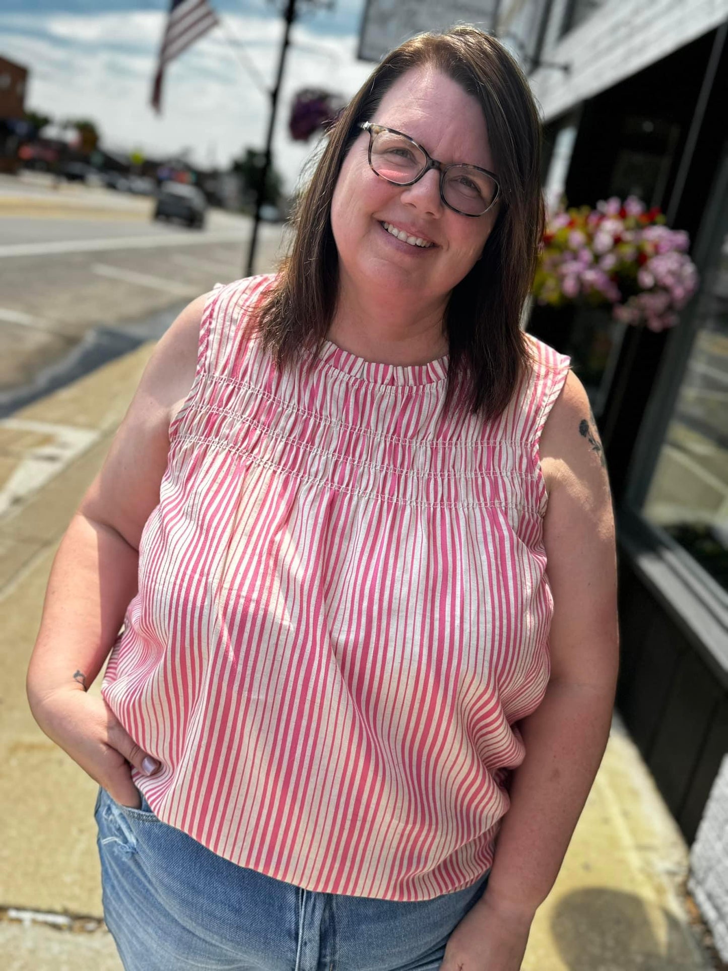 Madelyn Striped Sleeveless Blouse, Fuchsia