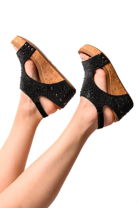 Ashley Wedge Sandals, Black Rhinestone